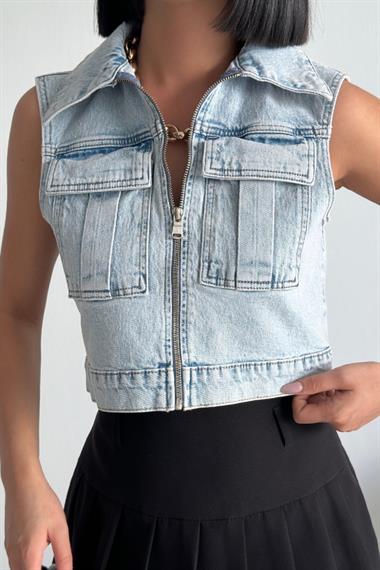 Fermuarlı Mini Kot Yelek