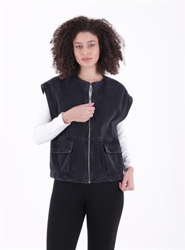 Fermuarlı Oversize Kot Yelek