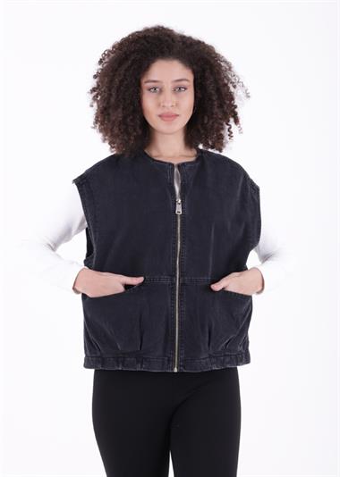 Fermuarlı Oversize Kot Yelek