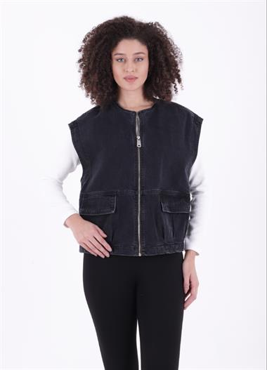 Fermuarlı Oversize Kot Yelek