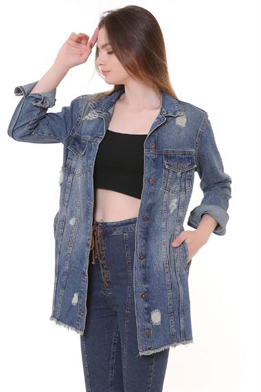 Fringe Finish Boyfriend Denim Jacket Middle Blue - Tinted Middle Blue - Tinted (S-XL-6)