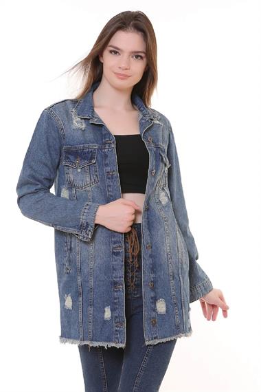 Fringe Finish Boyfriend Denim Jacket Middle Blue - Tinted Middle Blue - Tinted (S-XL-6)