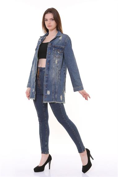 Fringe Finish Boyfriend Denim Jacket Middle Blue - Tinted Middle Blue - Tinted (S-XL-6)