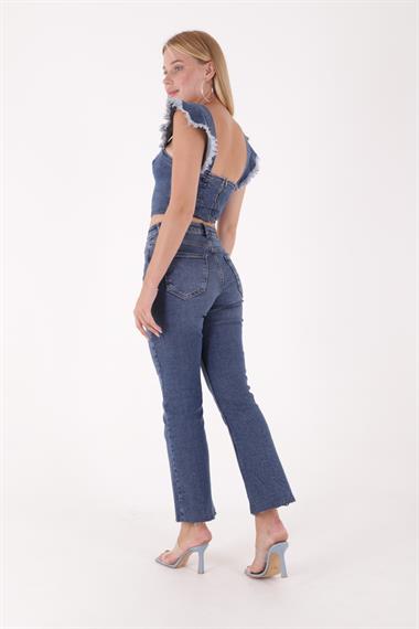 High Waist Mom Fit Jean with Flared Leg and Fringe Ending Dark Blue Denim (28-33)