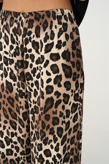 Kadın Leopar Lastikli Dokuma Pantolon - Leopar