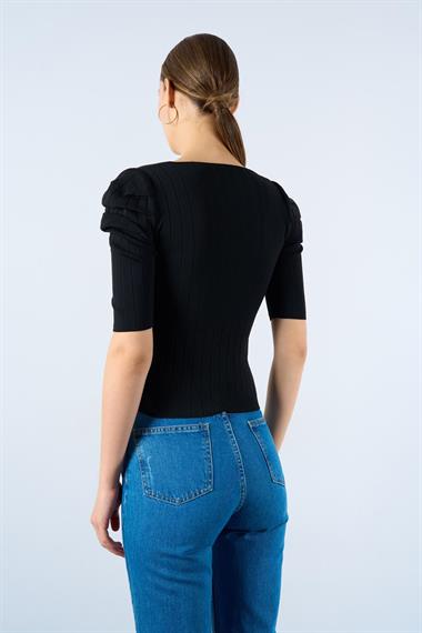 Kadın Penny Kare Yaka Kısa Prenses Kol Triko Bluz - Siyah