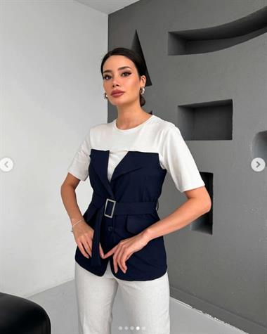 Kemerli Çift Parça Görünümlü Elbise