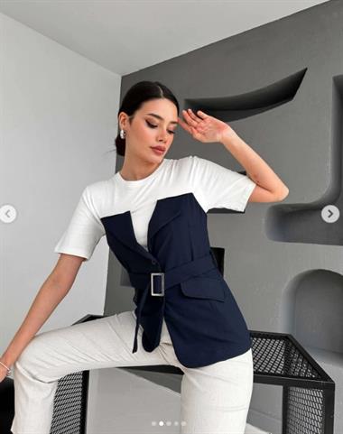 Kemerli Çift Parça Görünümlü Elbise