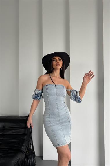 Kolları Lastikli Kısa Straplez Kot Elbise