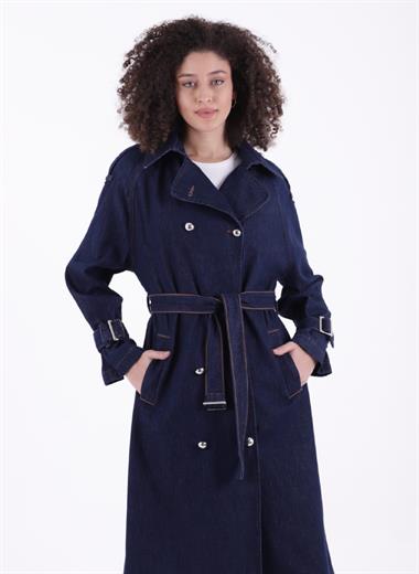 Kruvaze Yaka Kemerli Oversize Uzun Trençkot