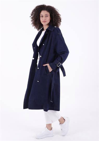 Kruvaze Yaka Kemerli Oversize Uzun Trençkot