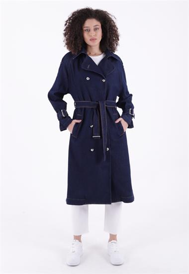 Kruvaze Yaka Kemerli Oversize Uzun Trençkot