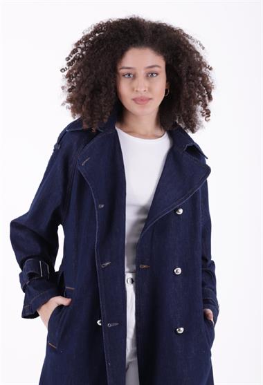 Kruvaze Yaka Kemerli Oversize Uzun Trençkot