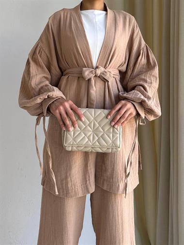 Sash Detailed Kimono&Pants Double Set