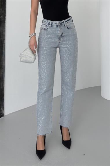 Leopar Taşlı Mom Fit Kot Pantolon