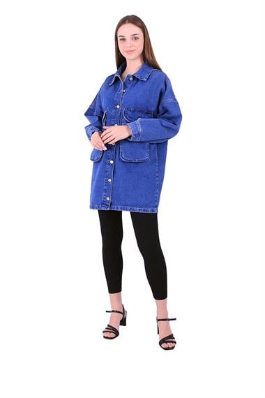 Long Balloon Denim Jacket with Pocket Dark Blue Denim (S-L-5)
