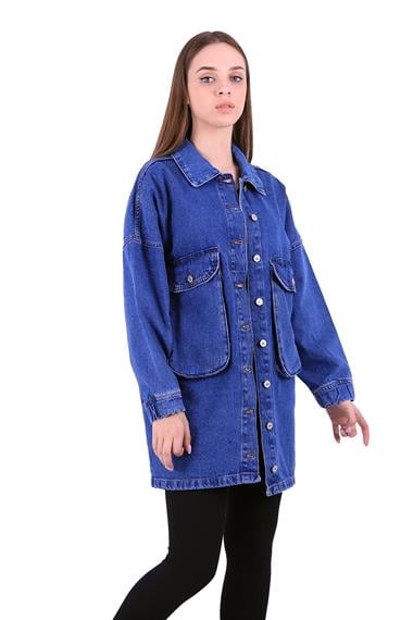 Long Balloon Denim Jacket with Pocket Dark Blue Denim (S-L-5)