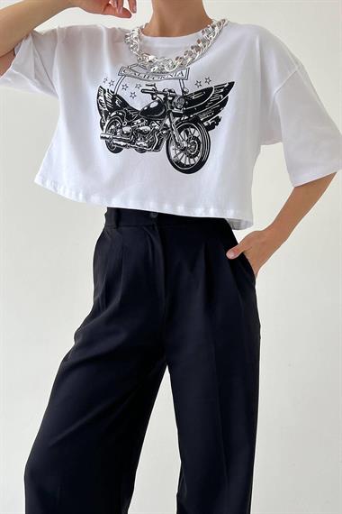 Motor Baskılı Tshirt - Beyaz-Siyah