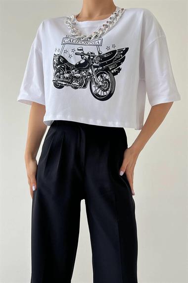 Motor Baskılı Tshirt - Beyaz-Siyah