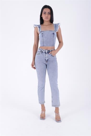 Taşlı Mom Fit Kot Pantolon