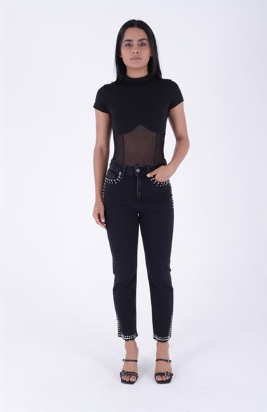 Taşlı Mom Fit Kot Pantolon