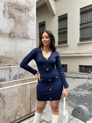 V-Neck Gold Buttoned Knitwear Dress