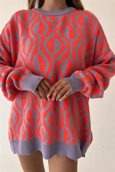 Zigzag Desenli Kazak - Lila-Coral