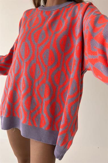 Zigzag Desenli Kazak - Lila-Coral