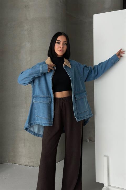 Yakası Kadife Arkası Uzun Kot Ceket