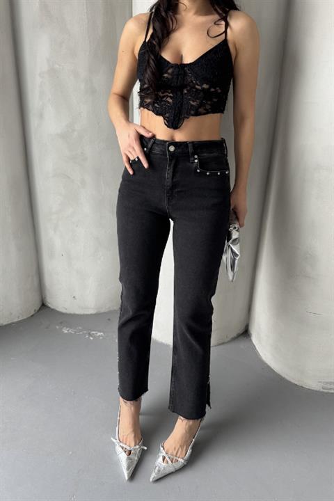 Yanı Yırtmaçlı Flare Paça Mom Kot Pantolon
