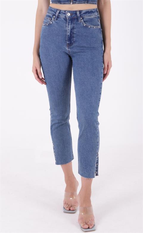 Yanı Yırtmaçlı Flare Paça Mom Kot Pantolon