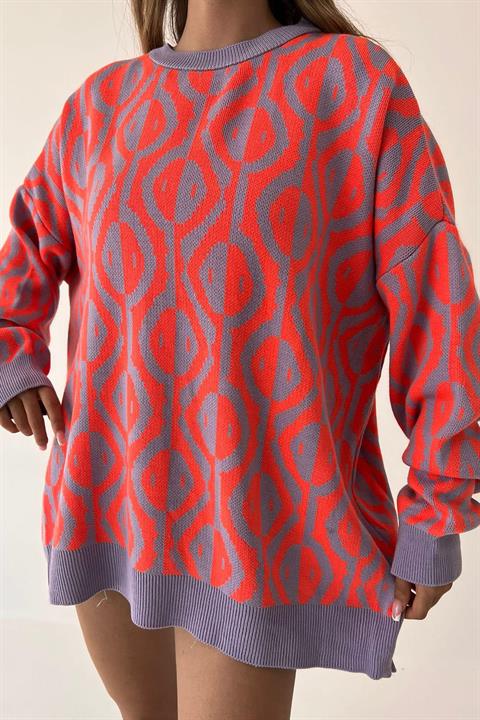 Zigzag Desenli Kazak - Lila-Coral