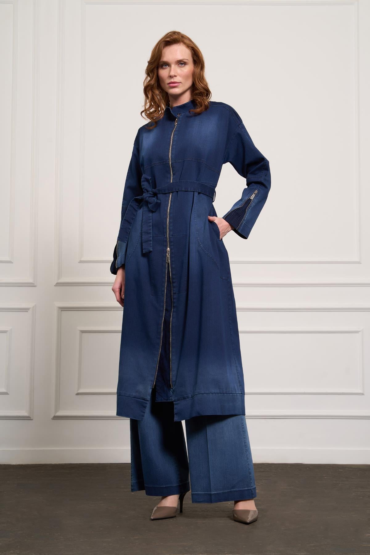 Boydan Fermuar Kemerli Tasarım Denim Kap - LACİVERT