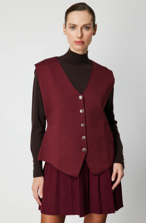 Düğmeli V Yaka Yelek - BORDO
