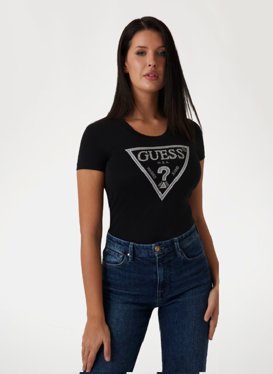Guess Taş Baskı Detaylı Kadın Tişört - JET BLACK