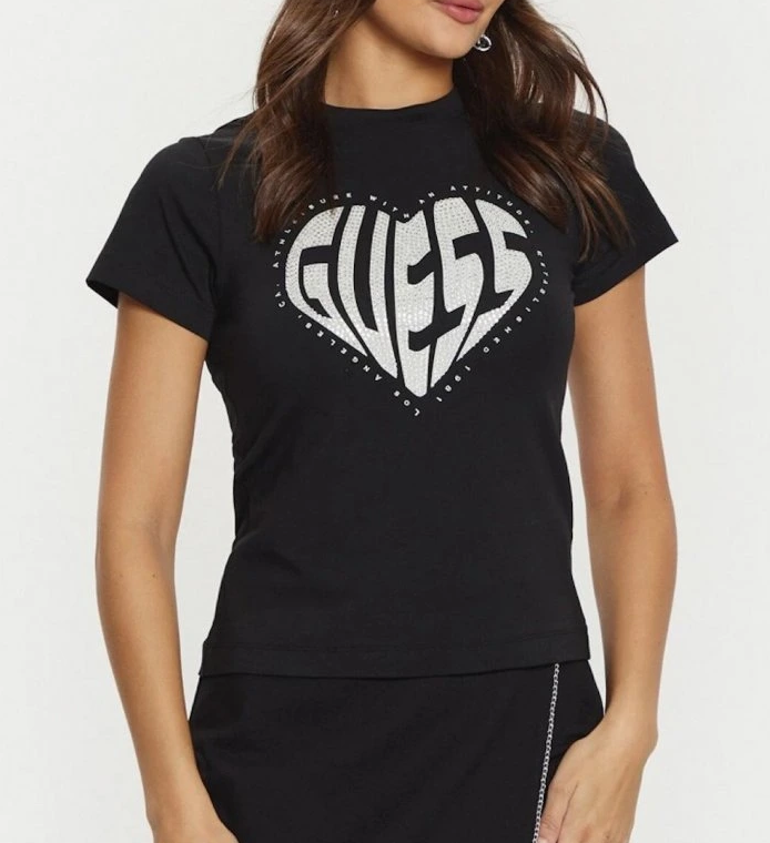 Kalp Guess Baskı Detaylı Kadın Tişört - JET BLACK