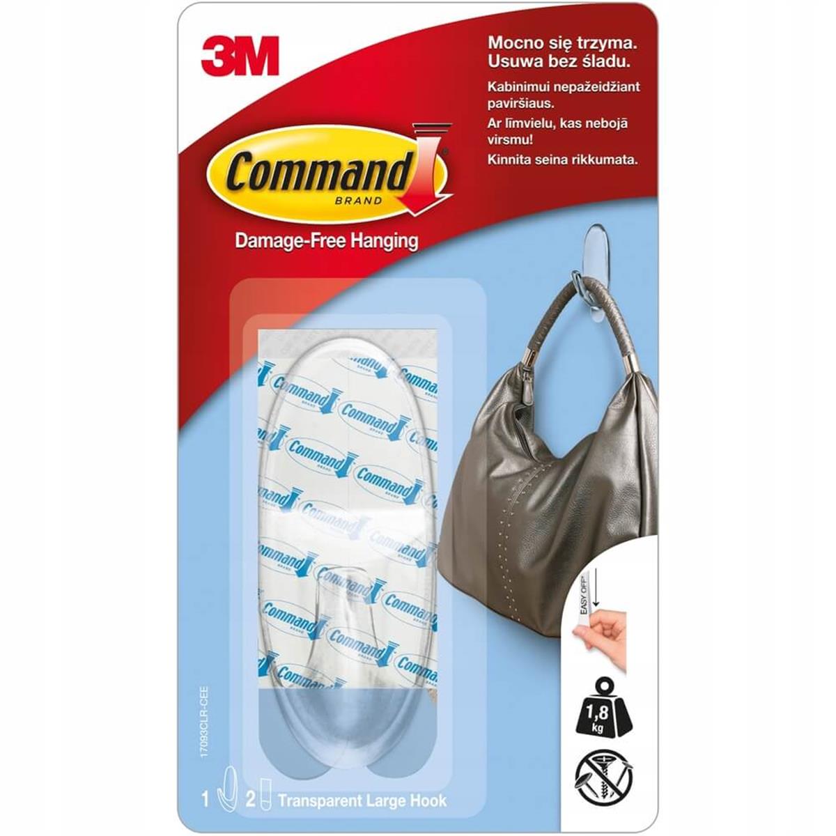 3M™ Command™ 17093CLR-CIS Büyük Boy Şeffaf Askı, Max 1,8 kg (1 Askı + 2 Büyük Boy Cırt Bant)