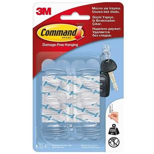 3M™ Command™ 17006CLR-CIS Mini Boy Şeffaf Askı, Max 225 gr (6 Askı + 8 Küçük Boy Cırt Bant)