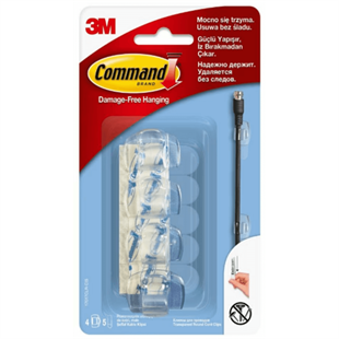 3M™ Command™ 17017CLR-CIS - Şeffaf Kablo Düzenleyici, Max 450 gr (4 Klips + 5 Küçük Boy Cırt Bant)