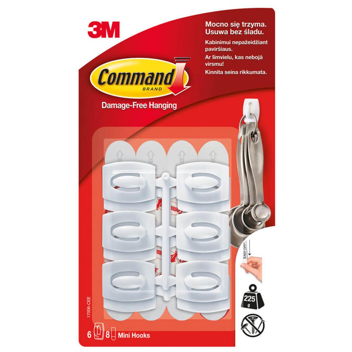 3M™ Command™ 17006-CEE Mini Boy Beyaz Askı, Max 225 gr (6 Askı + 8 Küçük Boy Cırt Bant)
