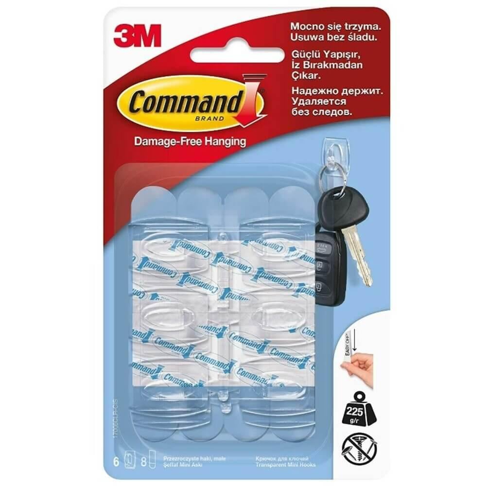 3M™ Command™ 17006CLR-CEE Mini Boy Şeffaf Askı, Max 225 gr (6 Askı + 8 Küçük Boy Cırt Bant)
