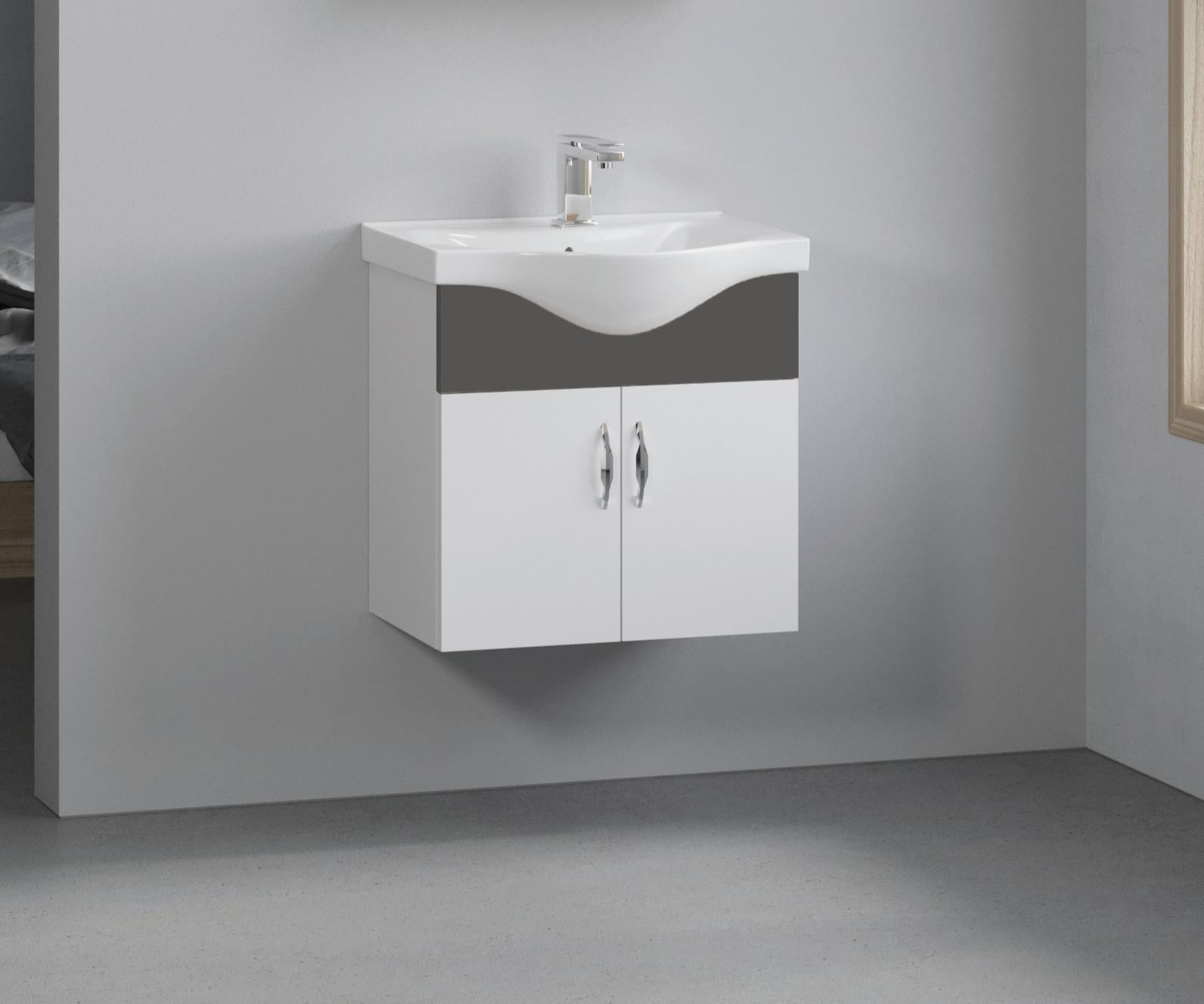 Denko Akyazı 55 cm MDF Banyo Dolabı Antrasit Gri Alt Modül ve Lavabo