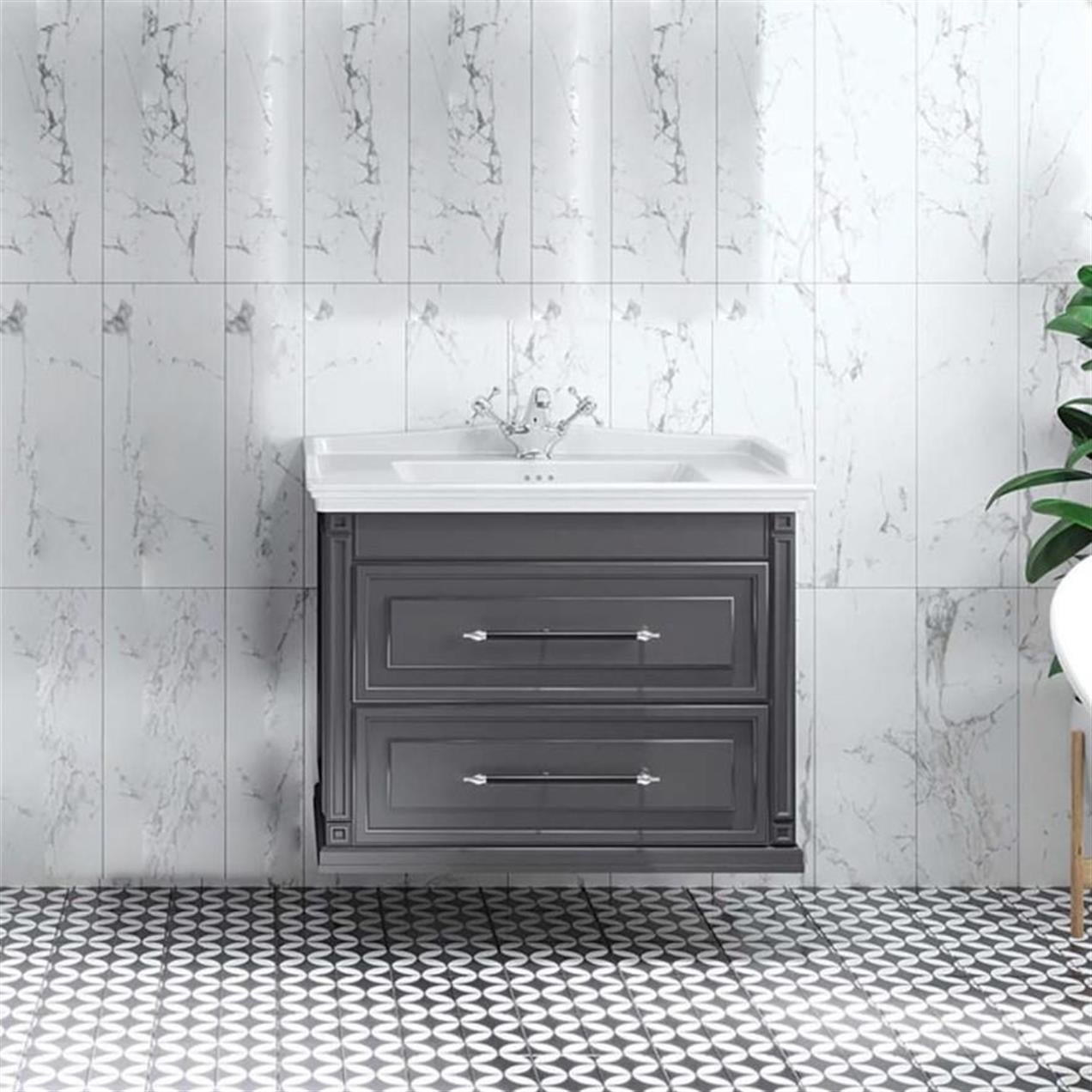 Denko Albatros 80 cm MDF Gri Banyo Dolabı Alt Modül ve Lavabo