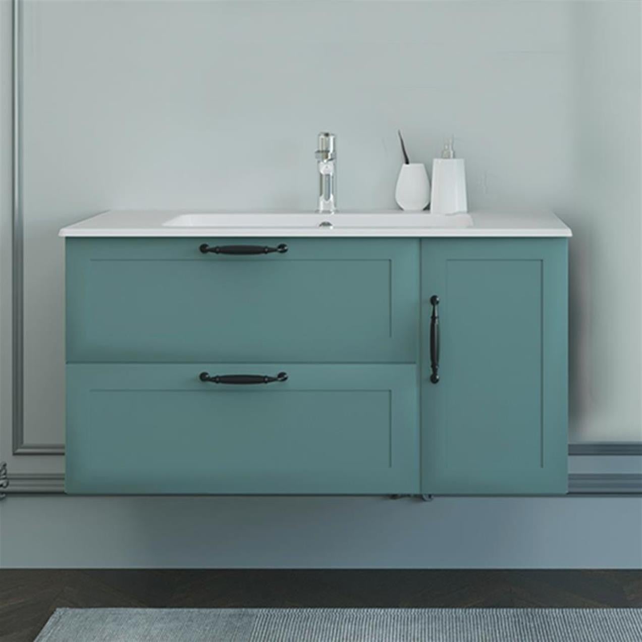 Denko Beyoğlu 100 cm MDF Mat Yeşil Banyo Dolabı Alt Modül, Lavabo