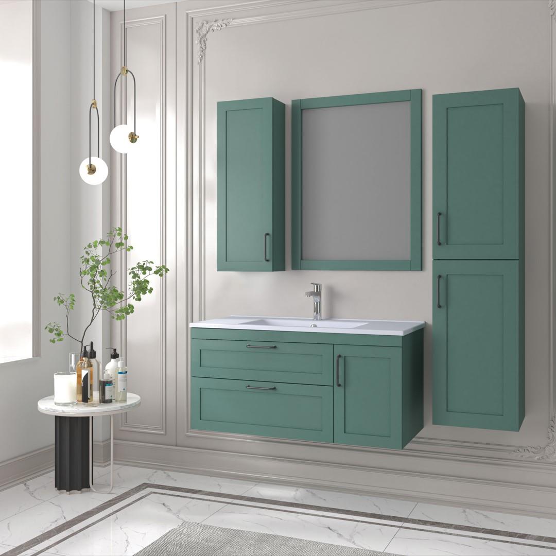 Denko Beyoğlu 100 cm MDF Mat Yeşil Banyo Dolabı Takımı, Boy Dolap
