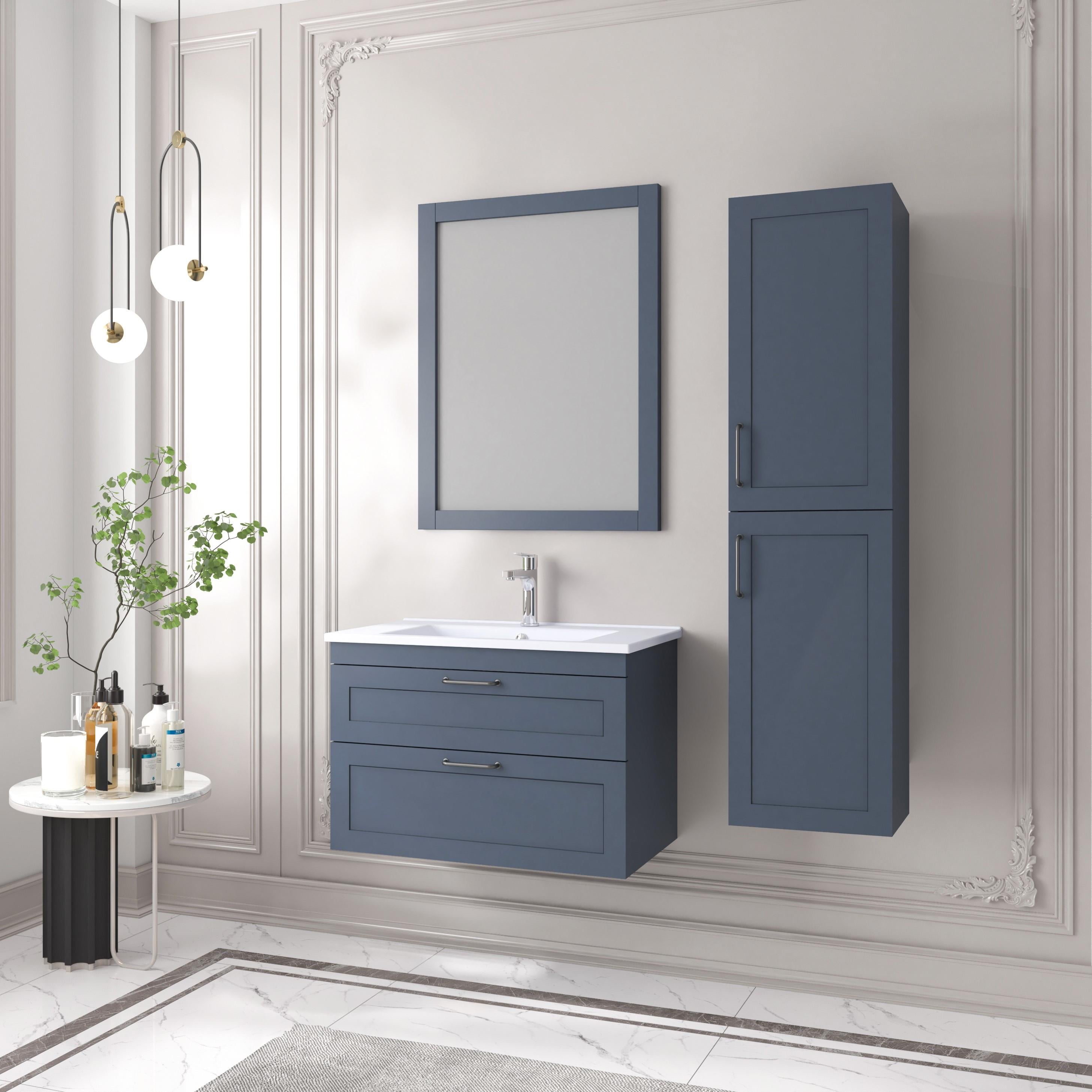 Denko Beyoğlu 75 cm MDF Mat Lacivert Banyo Dolabı Takımı ve Boy Dolabı