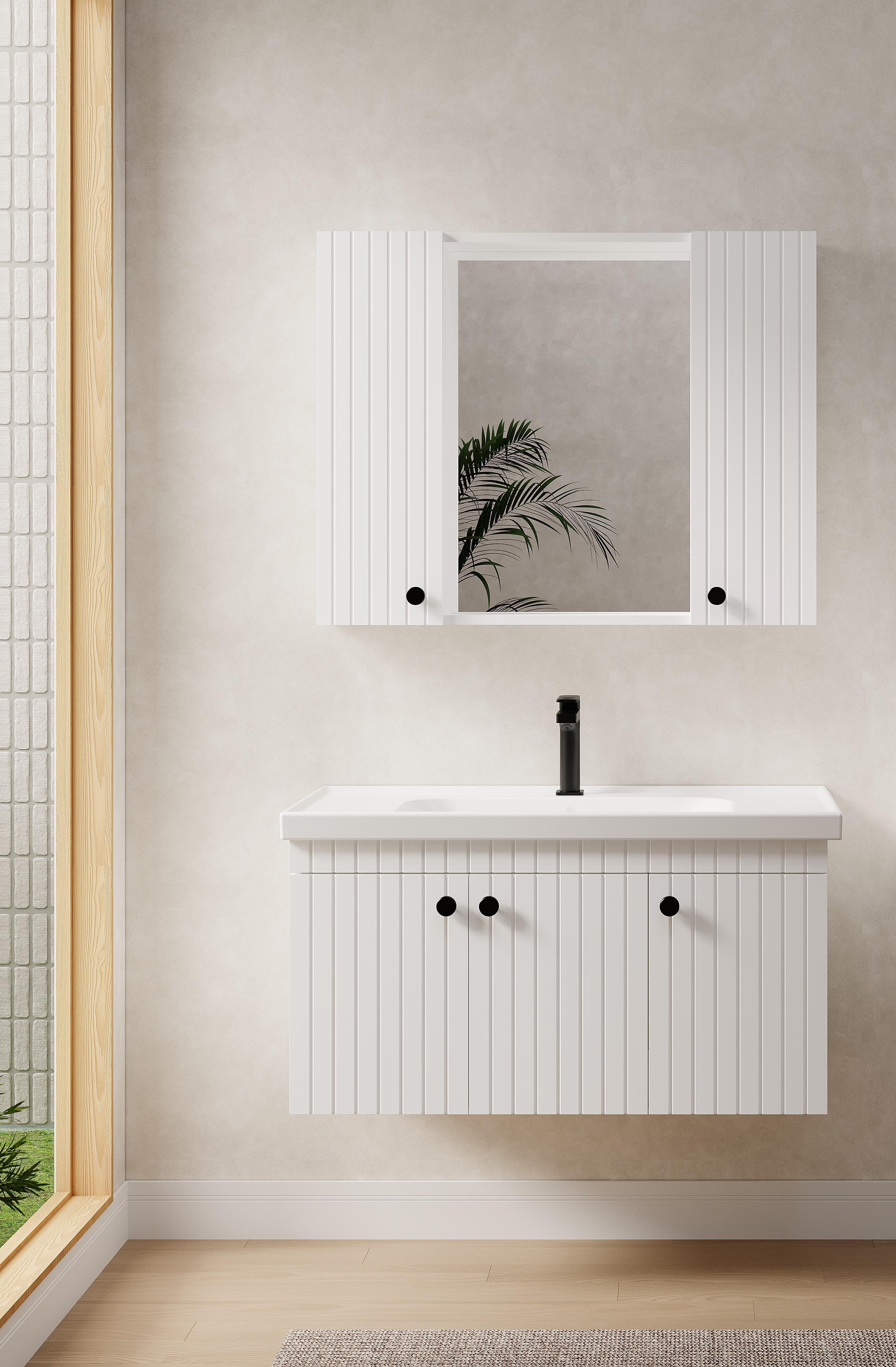 Denko Bodur 100 cm MDF Beyaz Banyo Dolabı Takımı