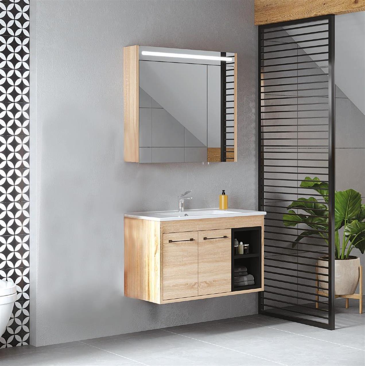 Denko Latte 85 cm MDF Sonoma Banyo Dolabı Takımı