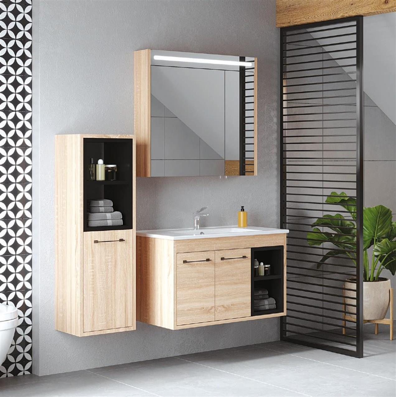 Denko Latte 85 cm MDF Sonoma Banyo Dolabı Takımı ve Boy Dolabı