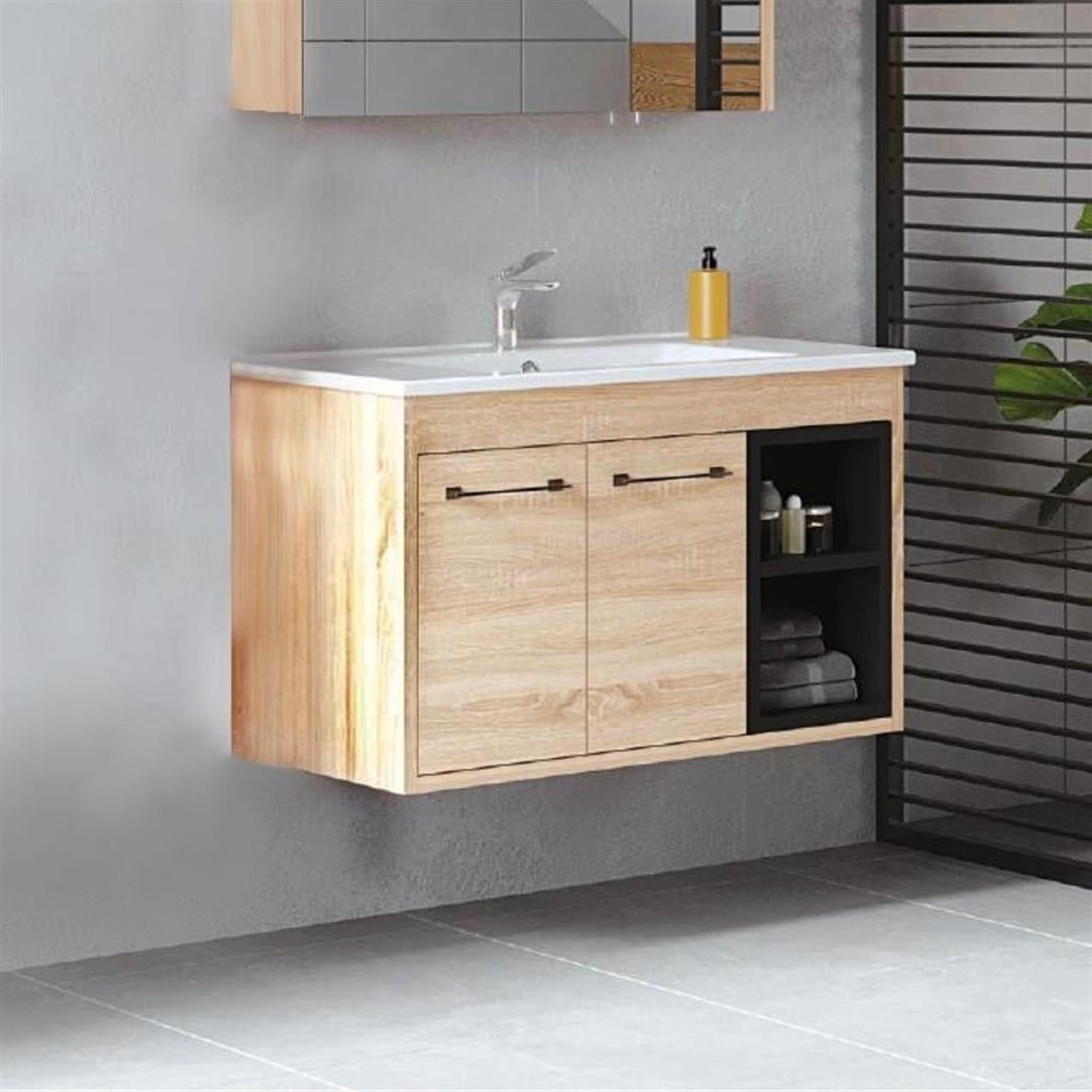 Denko Latte 85 cm MDF Sonoma Banyo Dolabı Alt Modül ve Lavabo